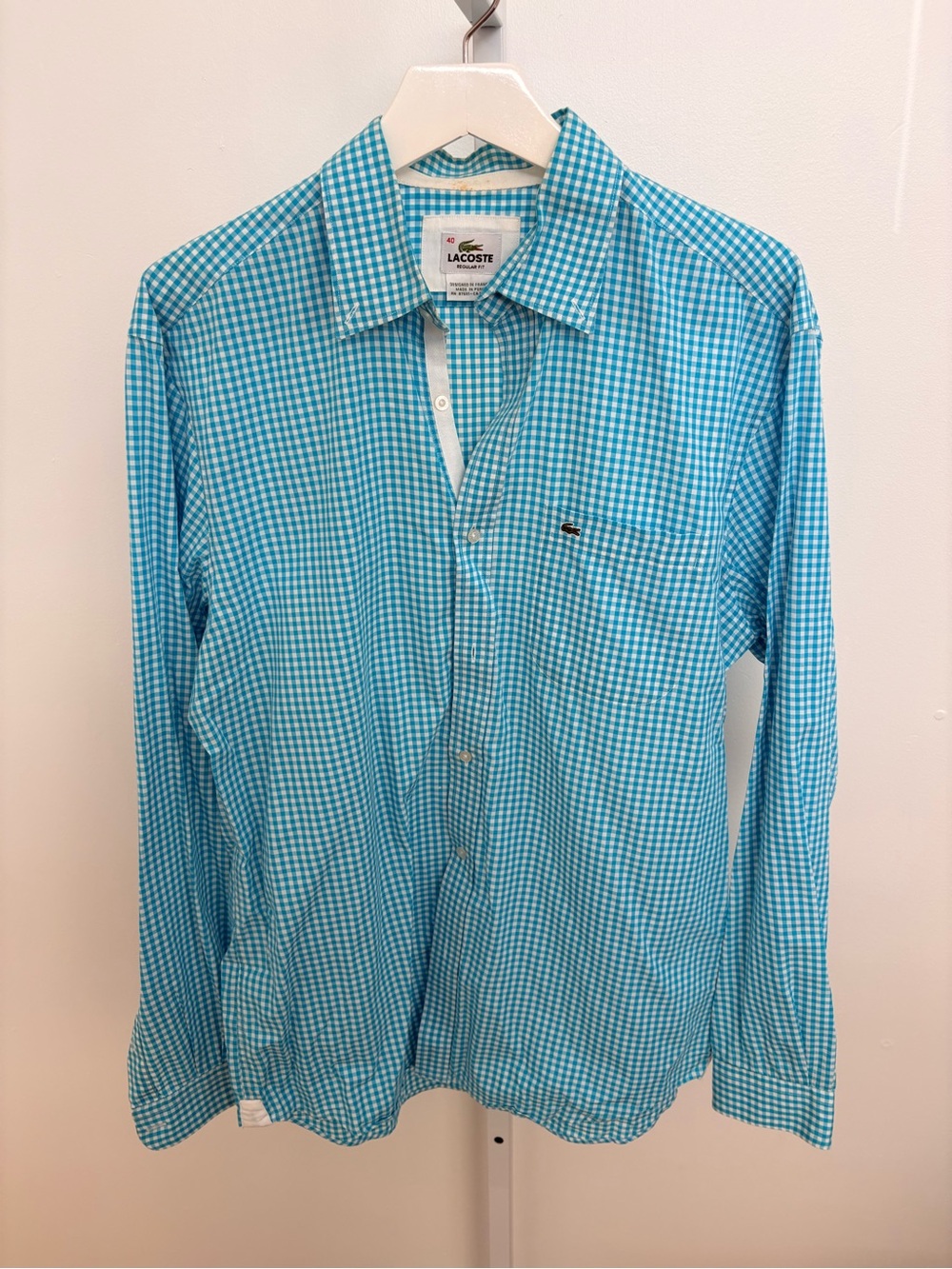Lacoste Men's Teal Gingham Long-Sleeve Button-Down Shirt